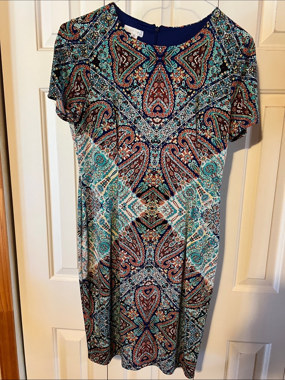 London Times Teal and Navy Paisley Short-Sleeve Shift Dress